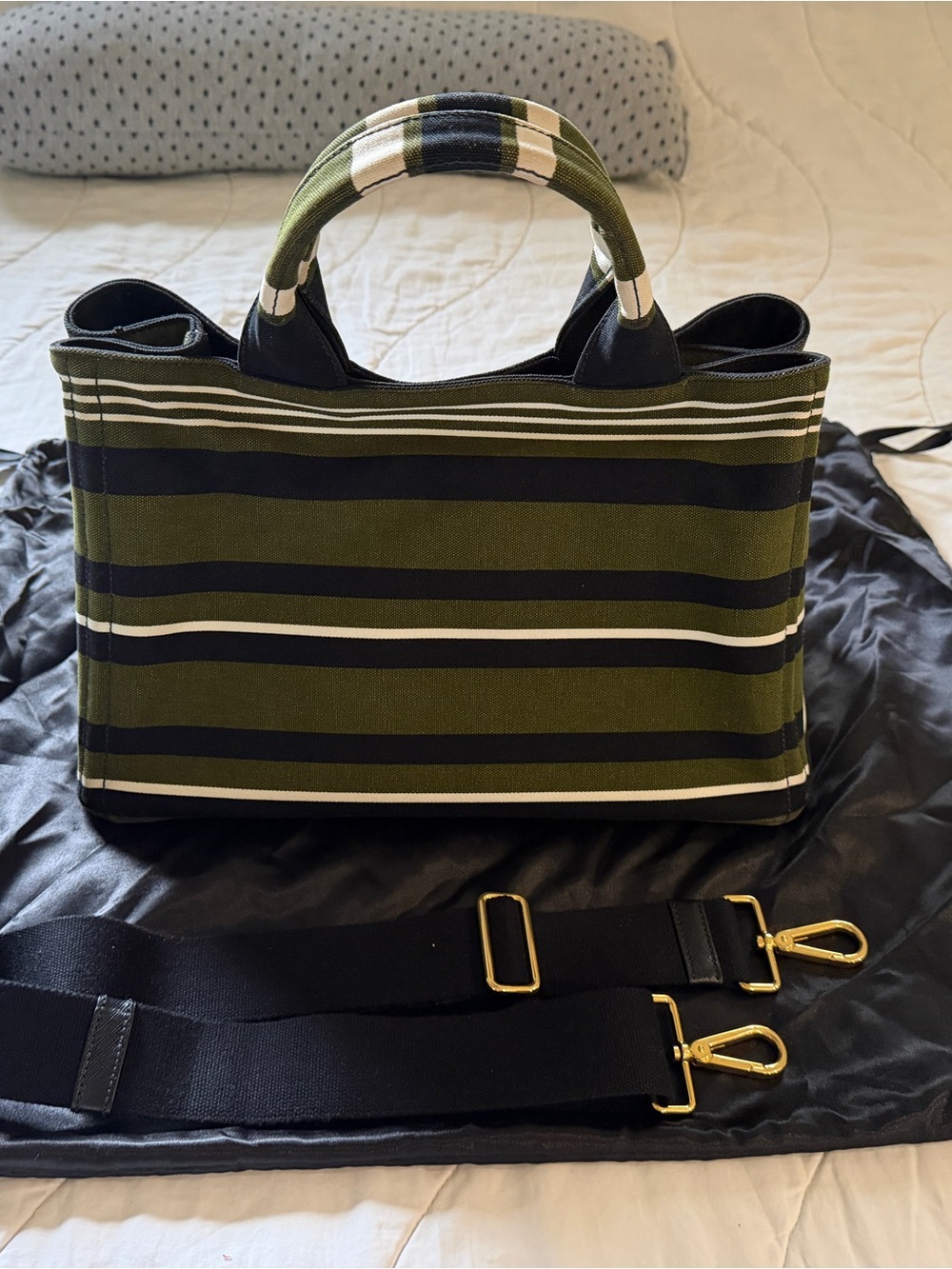 Prada Medium Green, Black & White Stripe Canapa Canvas Tote - Picture 4 of 8